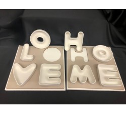 Vassoio legno con ciotole porcellana "Love" e "Home"