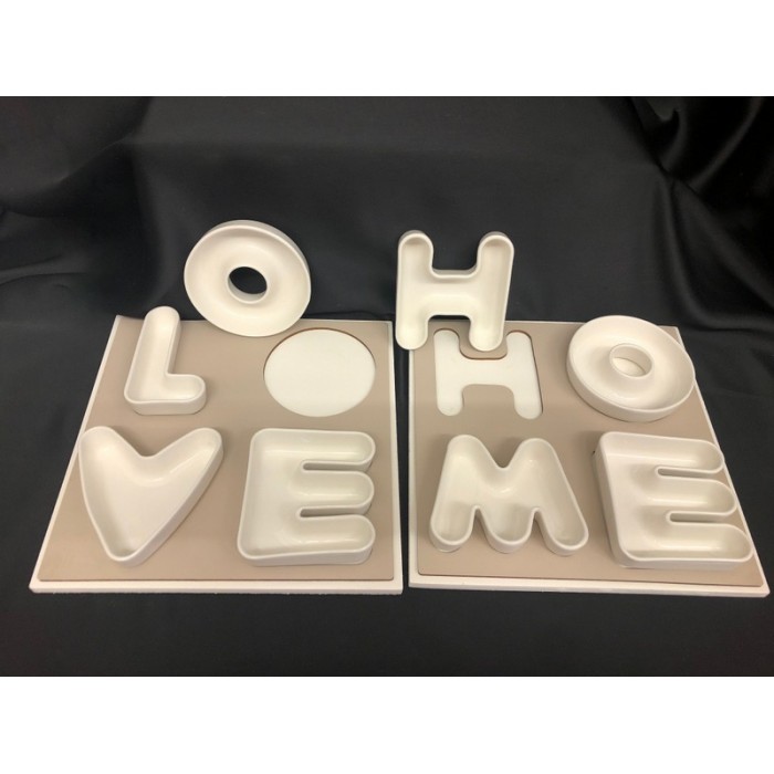 Vassoio legno con ciotole porcellana "Love" e "Home"