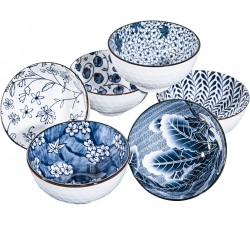 Swuut Ciotole per cereali in ceramica in stile giapponese, 6 pezzi vintage blu e bianco da 700 ml per insalata, zuppa, set di...