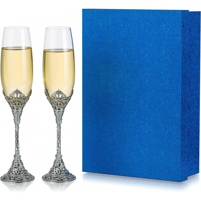 Set di 2 Bicchieri da Champagne Argento - Creativa Calici Champagne in  Metallo con Cristalli Coppa Champagne